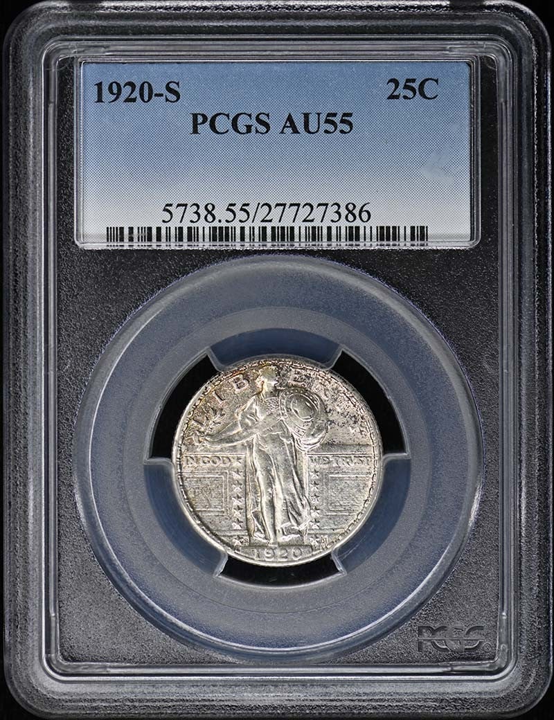 PCGS AU55 1920-S Standing Liberty 25C Quarter: PCGS AU55 1920-S Standing Liberty 25C Quarter This 1920 Standing Liberty Quarter was minted in San Francisco and is certified by PCGS with an AU55 grade. The coin is circulated and features the classi