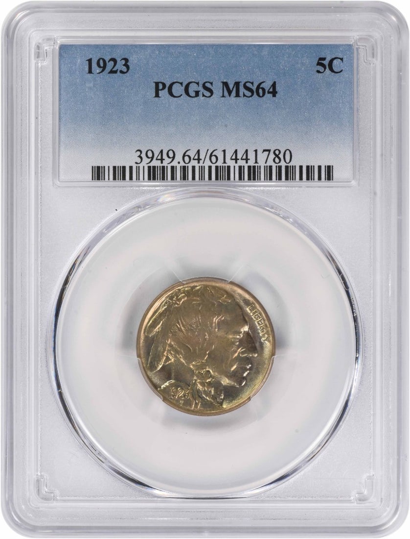 1923 Philadelphia Buffalo Nickel Graded MS64 by PCGS: 1923 Philadelphia Buffalo Nickel Graded MS64 by PCGS This 1923 Buffalo Nickel is graded MS64 by PCGS and originates from the Philadelphia Mint. Designed by James Earle Fraser, this pre-owned, uncircul