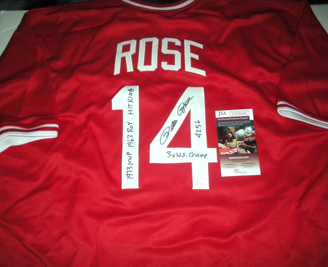 Pete Rose Autographed Cincinnati Reds Jersey With JSA COA and Career Achievements (1 of 2)