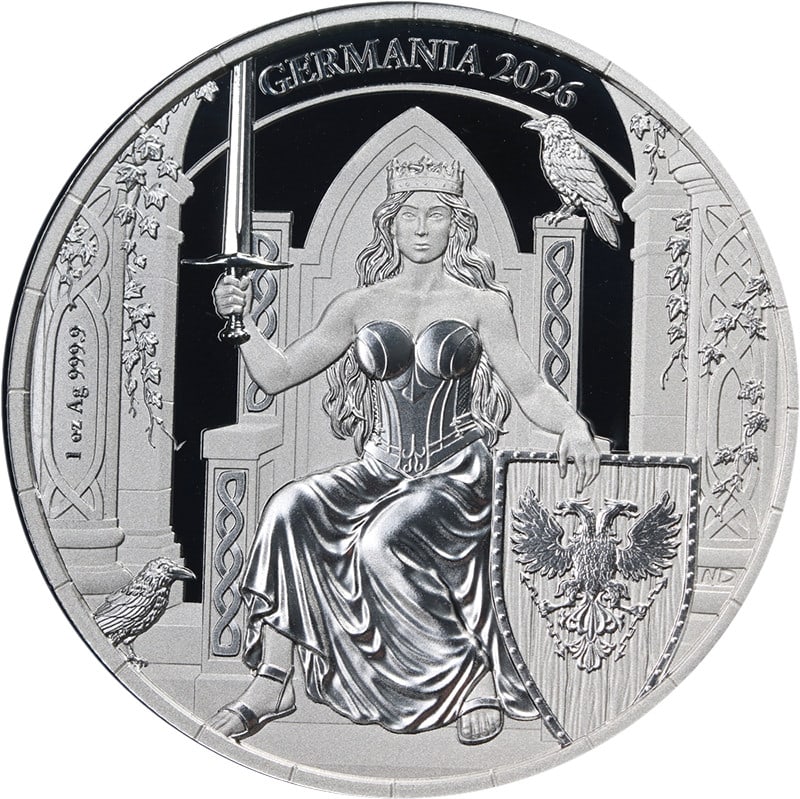 2026 Germania 1 Ounce Silver 5 Mark Proof Coin OGP COA: 2026 Germania 1 Ounce Silver 5 Mark Proof Coin OGP COA This 2026 Germania 1 Ounce Silver 5 Mark Lady Germania Proof coin is composed of .999 fine silver and features a proof grade with impressive lust