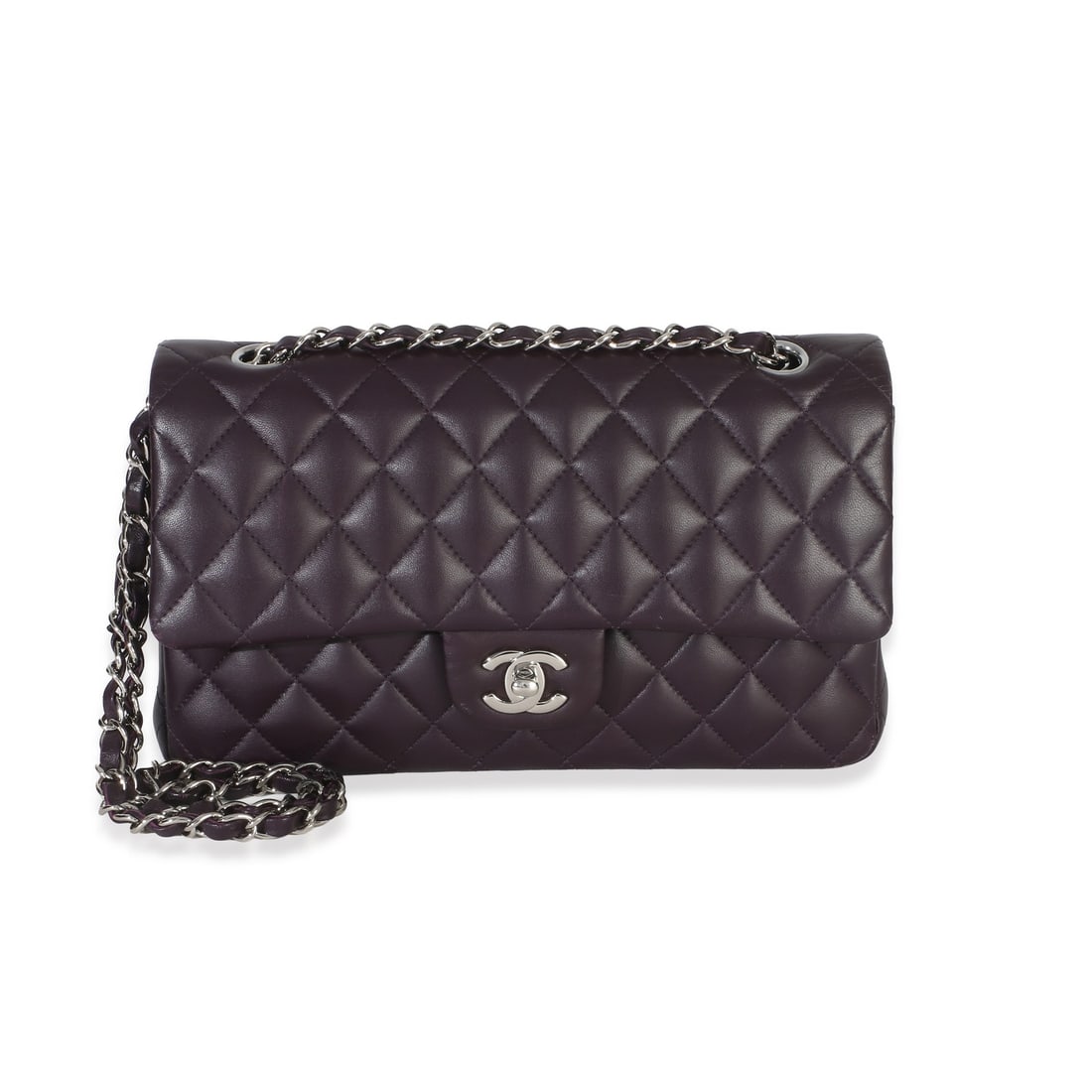 Purple Lambskin Medium Double Flap Shoulder Bag by Chanel with Accessories: Purple Lambskin Medium Double Flap Shoulder Bag by Chanel with Accessories This Chanel Medium Classic Double Flap Bag features a luxurious purple quilted lambskin leather exterior with silver-tone har