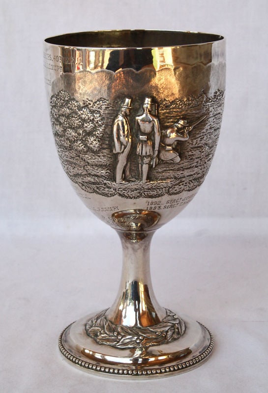 1861 William Smiley English Sterling Silver Hunting Trophy Cup: 1861 William Smiley English Sterling Silver Hunting Trophy Cup Discover this exquisite English Sterling Silver Hunting Trophy Cup, crafted by William Smiley in 1861. This remarkable piece showcases in