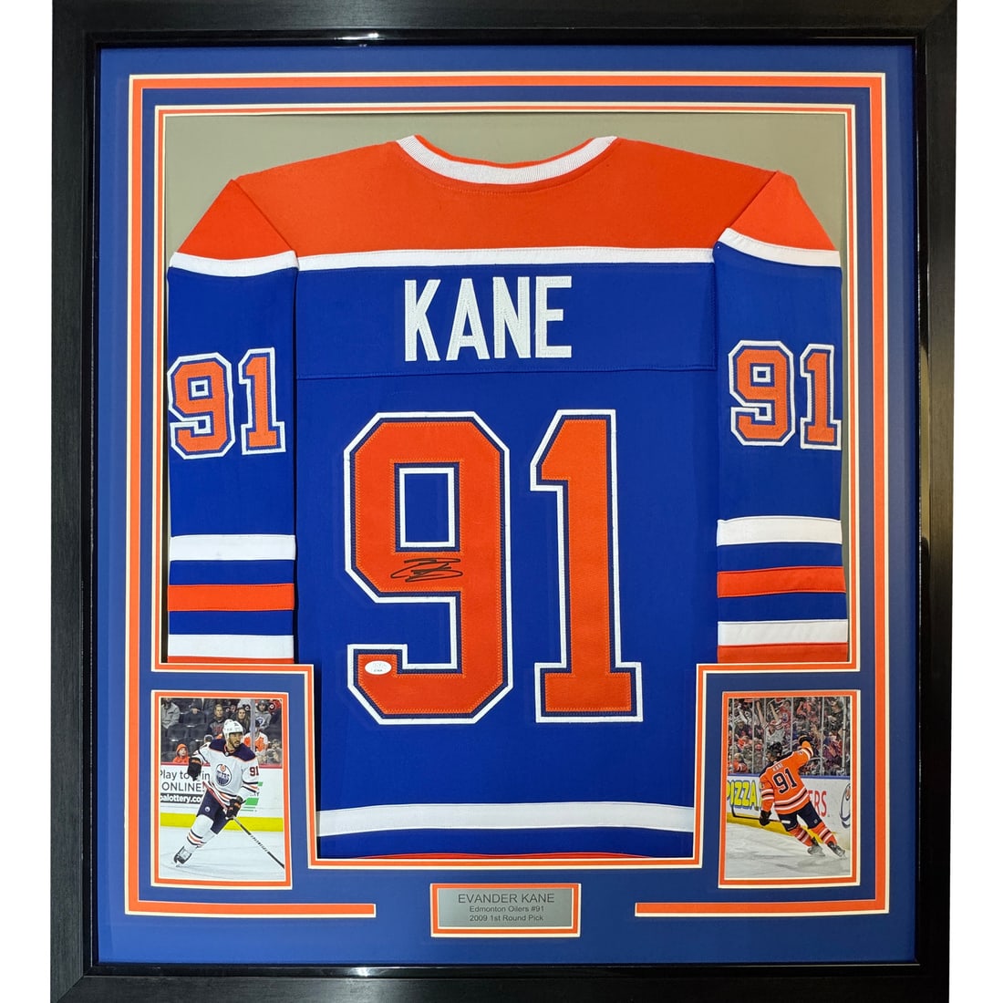 Framed Evander Kane Signed Edmonton Oilers Jersey with JSA COA 35x39: Framed Evander Kane Signed Edmonton Oilers Jersey with JSA COA 35x39 Celebrate your passion for hockey with this professionally framed and autographed Evander Kane jersey, featuring vibrant Edmonton O
