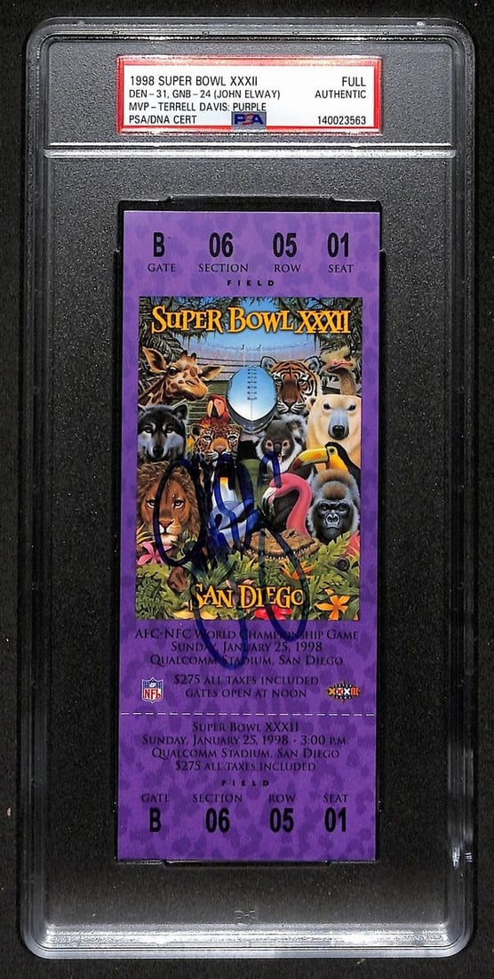 1998 Super Bowl XXXII Full Ticket Signed by John Elway PSA DNA Authenticated: 1998 Super Bowl XXXII Full Ticket Signed by John Elway PSA DNA Authenticated This is an original full ticket from Super Bowl XXXII (1998), featuring the Denver Broncos vs. Green Bay Packers, signed by