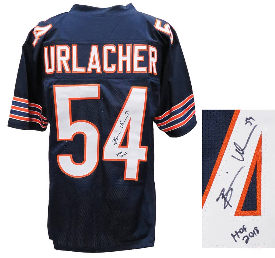 Brian Urlacher Chicago Bears Signed Jersey HOF 2018 with COA: Brian Urlacher Chicago Bears Signed Jersey HOF 2018 with COA Celebrate the legacy of Brian Urlacher with this authentic signed Chicago Bears football jersey. This navy custom jersey features the inscr