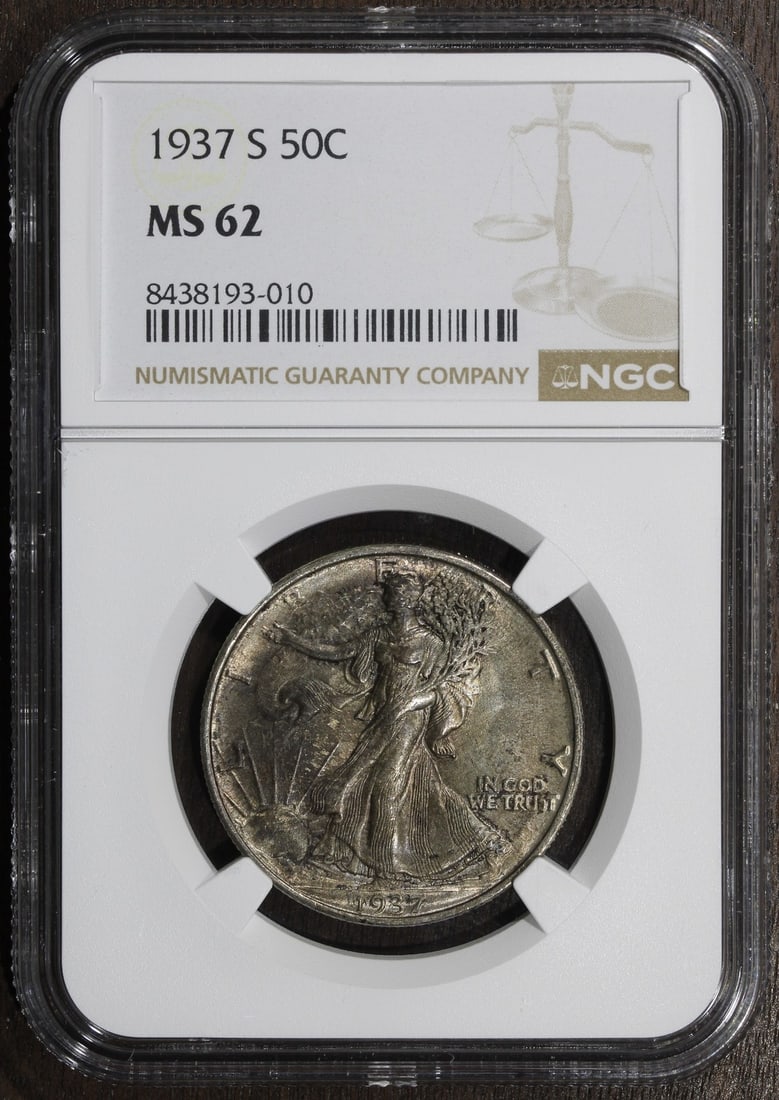 NGC MS62 1937-S Walking Liberty Half Dollar Silver 50C: NGC MS62 1937-S Walking Liberty Half Dollar Silver 50C This is a 1937-S Walking Liberty Half Dollar graded MS62 by NGC. Struck in San Francisco, this uncirculated coin is composed of 90% silver and re