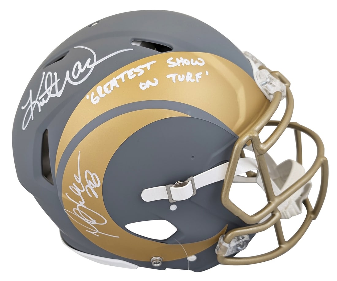 Authentic Rams Riddell Helmet Signed by Marshall Faulk and Kurt Warner BAS Witnessed: Authentic Rams Riddell Helmet Signed by Marshall Faulk and Kurt Warner BAS Witnessed This is an original Los Angeles Rams full-size authentic Riddell Speed Proline helmet in the alternate slate design