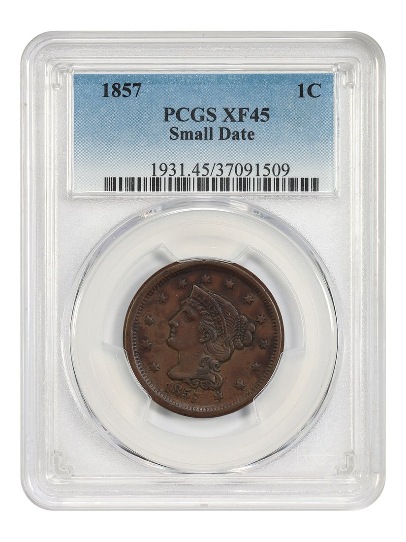 1857 Braided Hair Cent PCGS XF45 Small Date: 1857 Braided Hair Cent PCGS XF45 Small Date This 1857 Braided Hair Cent features the Small Date variety and has been graded XF45 by PCGS. The coin is circulated and comes from the Philadelphia Mint. I