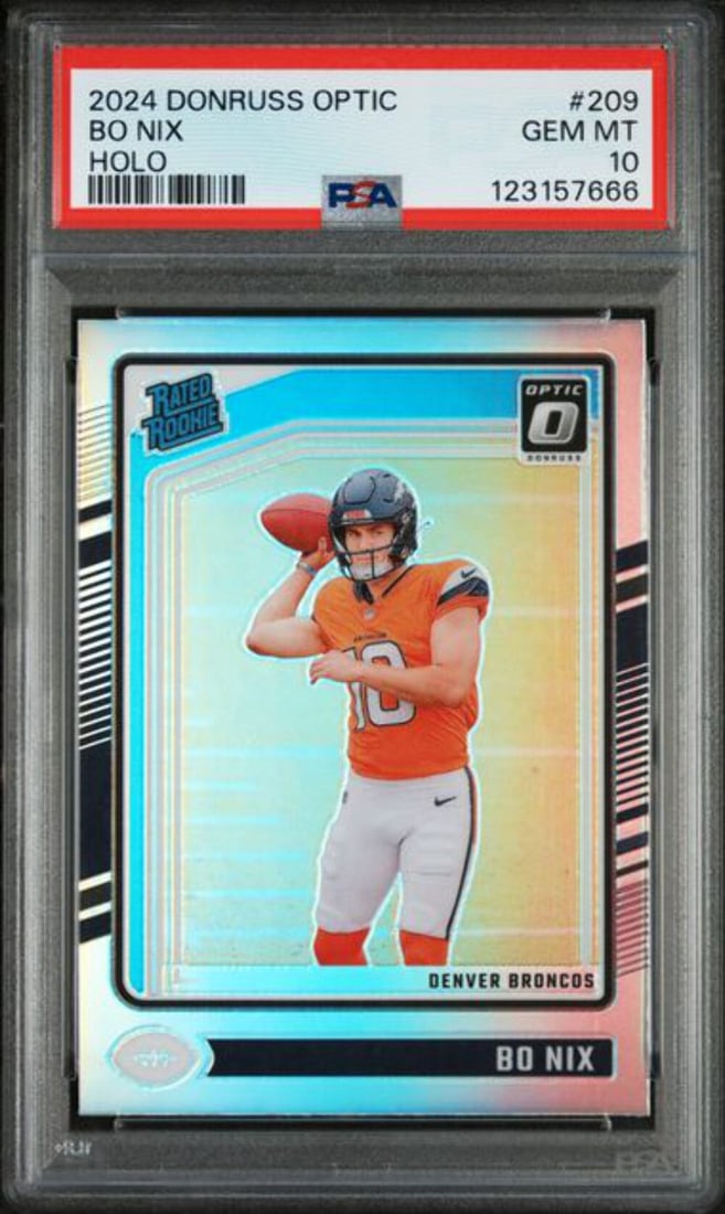 2024 Panini Donruss Optic Holo Bo Nix Rookie RC Card PSA 10 Gem Mint: 2024 Panini Donruss Optic Holo Bo Nix Rookie RC Card PSA 10 Gem Mint This is a graded 2024 Panini Donruss Optic Holo Bo Nix #209 Rookie RC Card, rated as PSA 10 Gem Mint. It features athlete Bo Nix, w