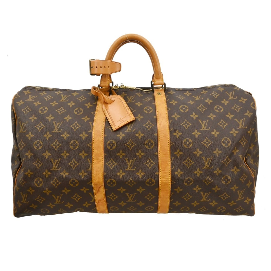 Louis Vuitton Keepall 55 Monogram Duffle Travel Bag: Louis Vuitton Keepall 55 Monogram Duffle Travel Bag This Louis Vuitton Keepall 55 travel handbag features the iconic monogram canvas leather exterior with beige leather double handles and a zip closur