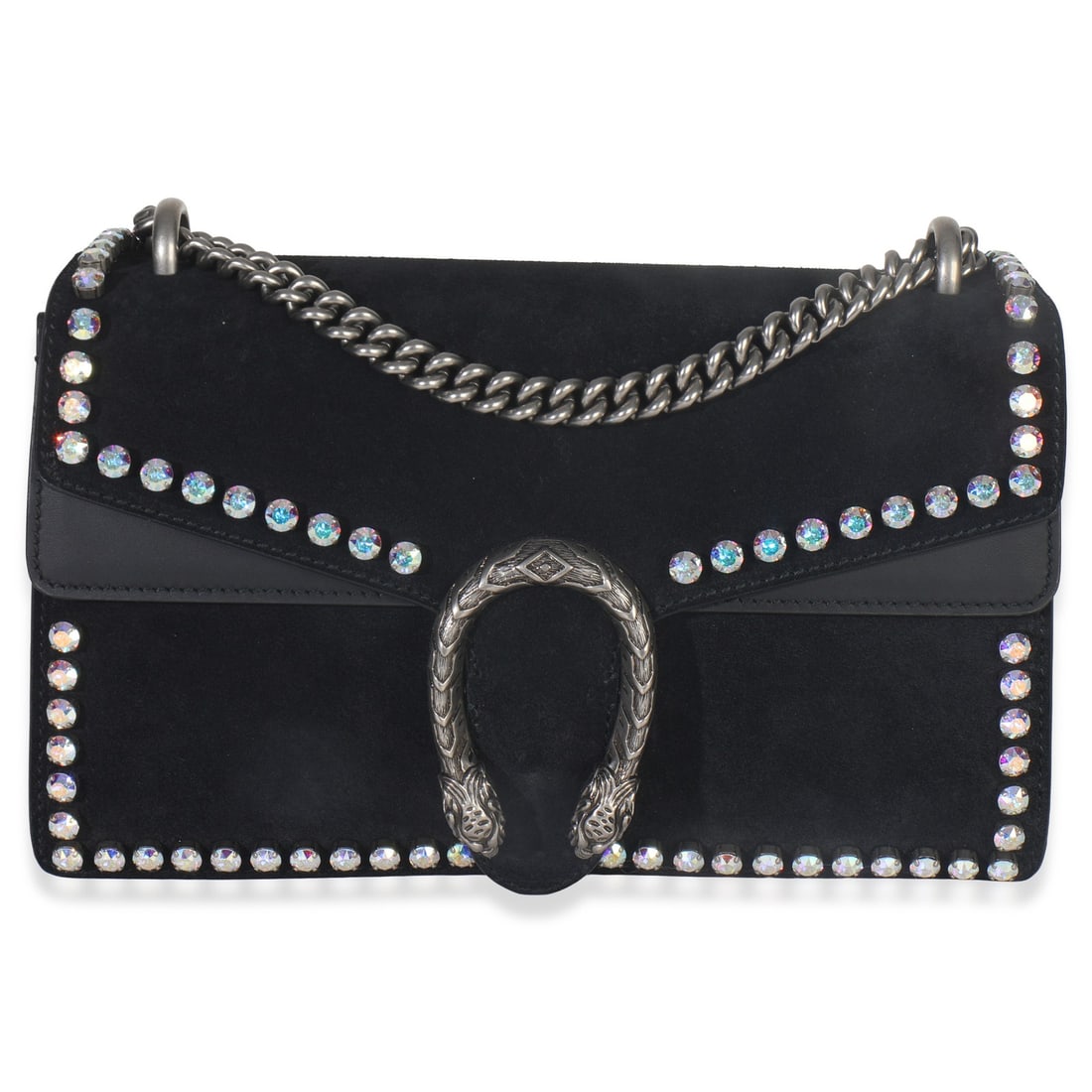Gucci Small Dionysus Black Suede Shoulder Bag with Crystal Embellishments: Gucci Small Dionysus Black Suede Shoulder Bag with Crystal Embellishments This Gucci Small Dionysus shoulder bag features a black suede exterior adorned with crystal embellishments. Designed for versa