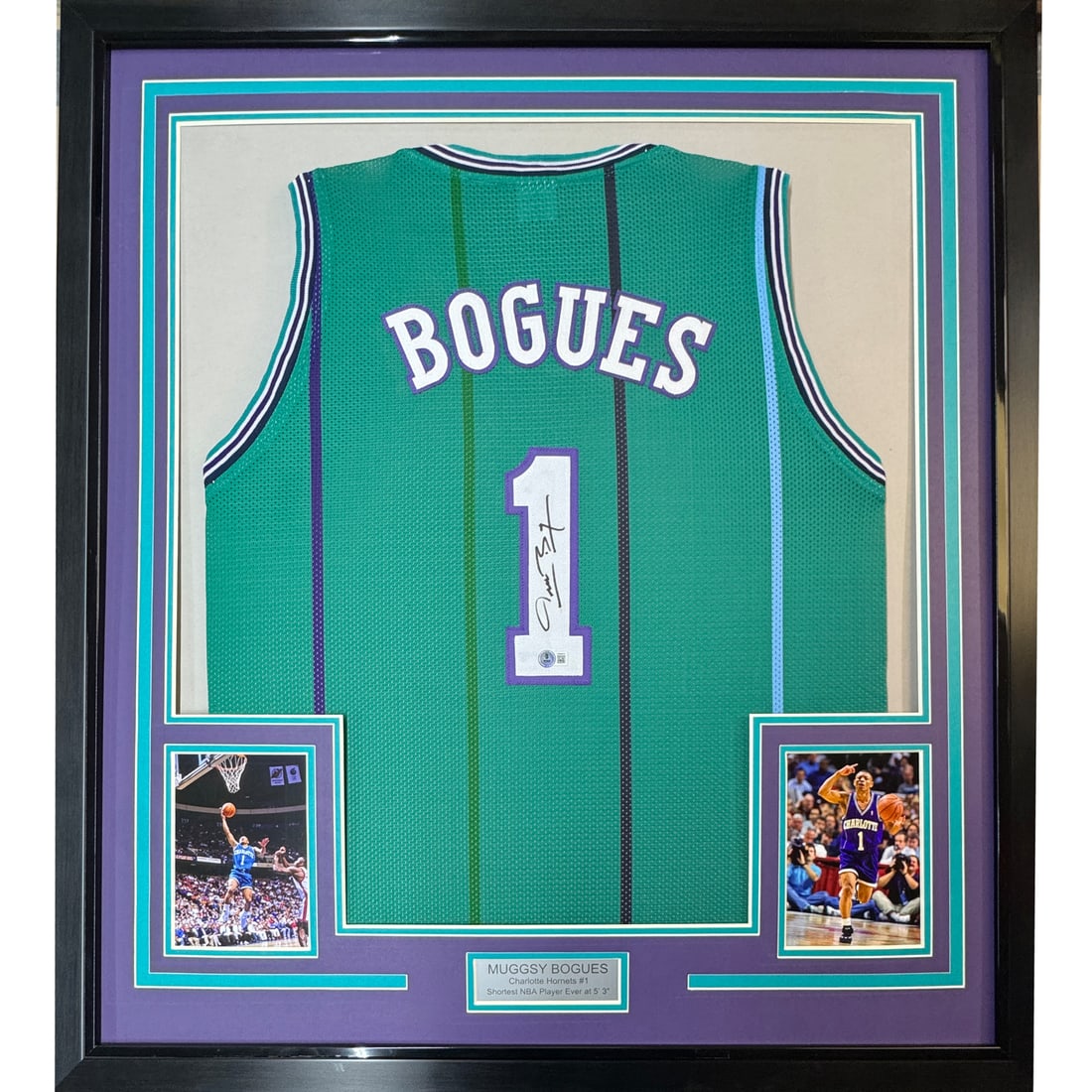 Framed Muggsy Bogues Autographed Jersey PSA/DNA 33x42 Charlotte Hornets: Framed Muggsy Bogues Autographed Jersey PSA/DNA 33x42 Charlotte Hornets Celebrate basketball history with this framed and autographed Muggsy Bogues jersey. This original Charlotte Hornets teal jersey 