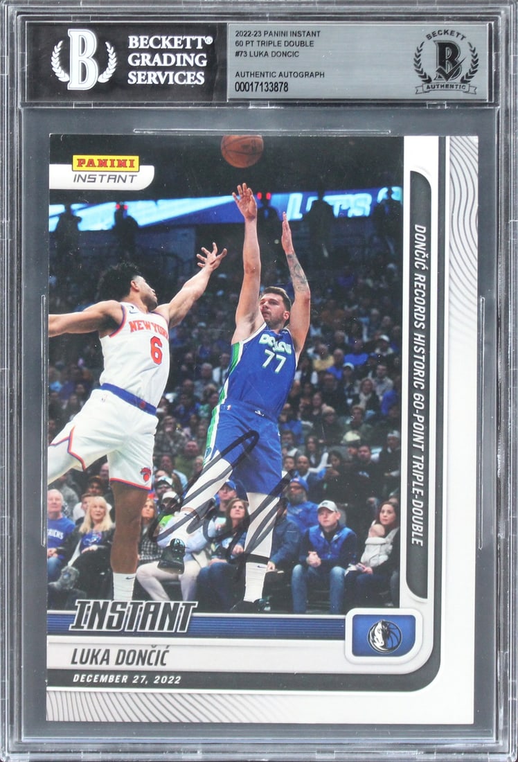 Luka Doncic Signed 2022 Panini Instant Triple Double #73 Card Beckett Authenticated: Luka Doncic Signed 2022 Panini Instant Triple Double #73 Card Beckett Authenticated This is a signed 2022 Panini Instant 60 Pt Triple Double #73 card, featuring Luka Doncic of the Dallas Mavericks. Th