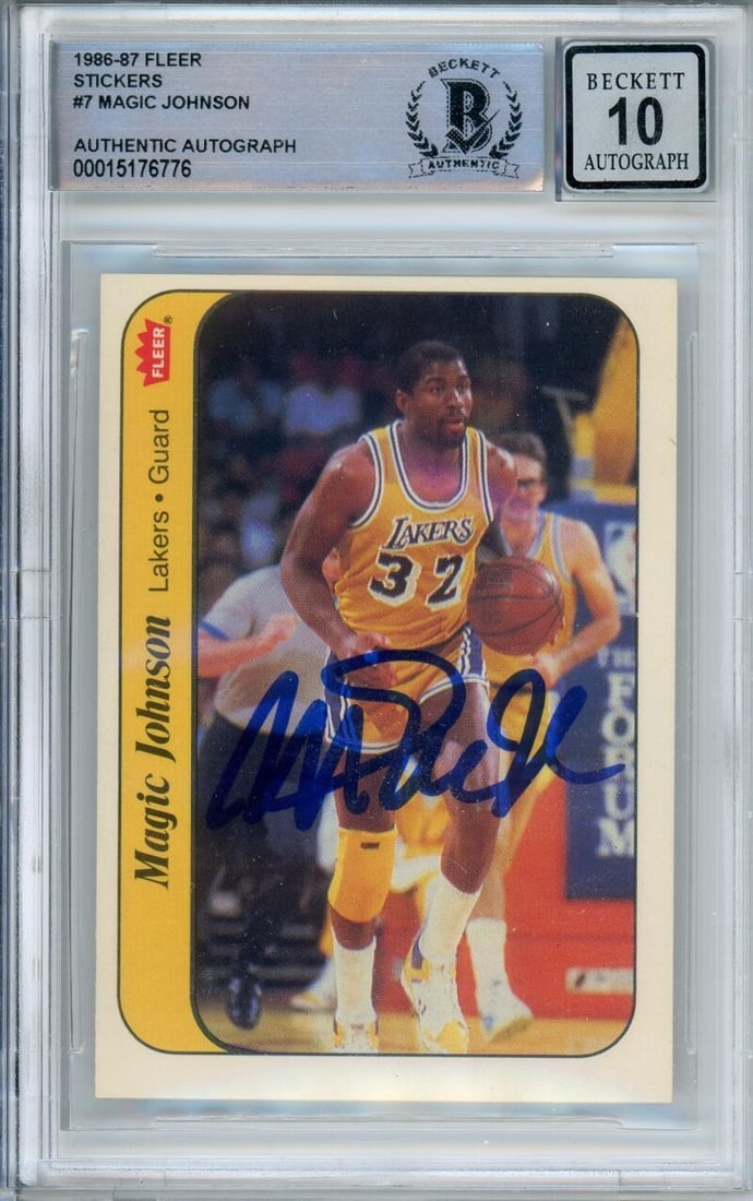 Magic Johnson signed Fleer sticker card BGS autograph 10 Lakers #7: Magic Johnson signed Fleer sticker card BGS autograph 10 Lakers #7 This is an original 1986-87 Fleer Stickers #7 sports trading card featuring Magic Johnson of the Los Angeles Lakers. The card has bee