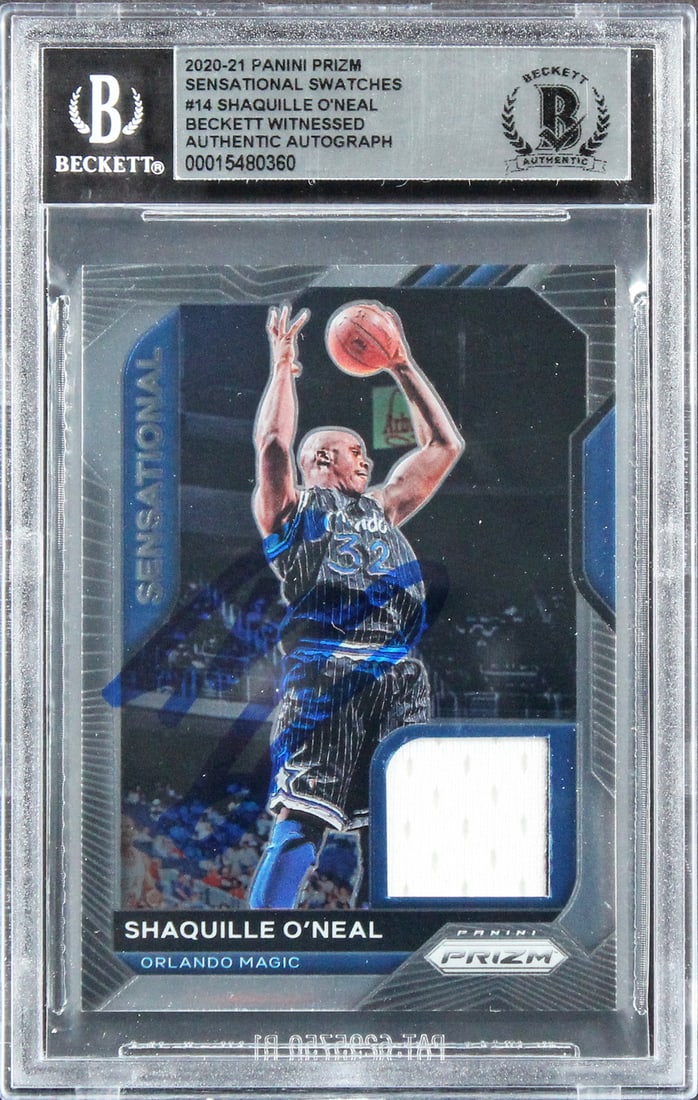 Shaquille O'Neal Autographed Panini Prizm Swatches Card Beckett Authenticated: Shaquille O'Neal Autographed Panini Prizm Swatches Card Beckett Authenticated This 2020 Panini Prizm Sensational Swatches #14 trading card features the Orlando Magic and has been personally autographe