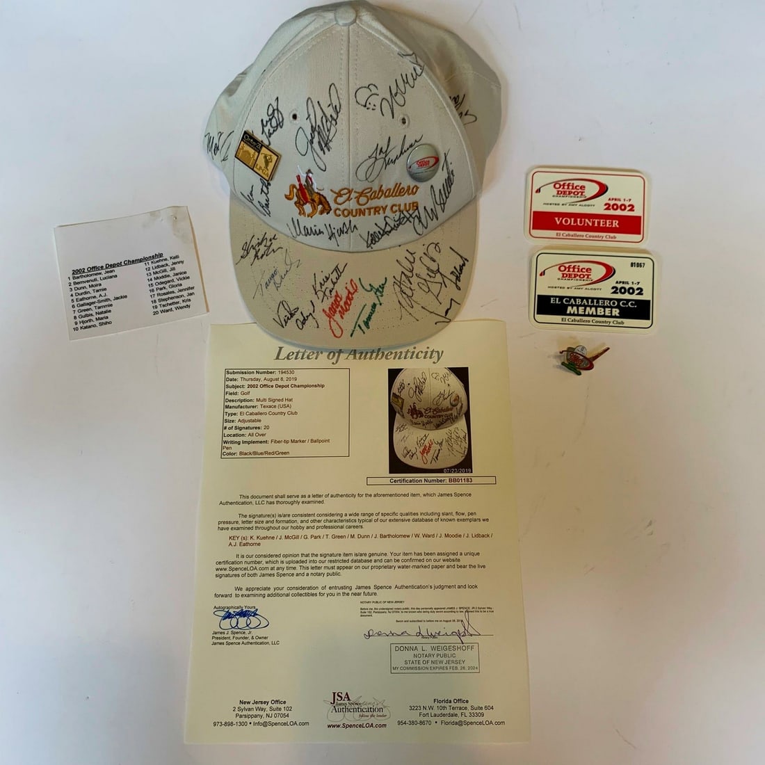 2002 Office Depot Championship Signed Golf Cap with 20 Autographs JSA COA: 2002 Office Depot Championship Signed Golf Cap with 20 Autographs JSA COA This unique LPGA volunteer marshal's hat from the 2002 Office Depot Championship features 20 signatures from notable golfers, 