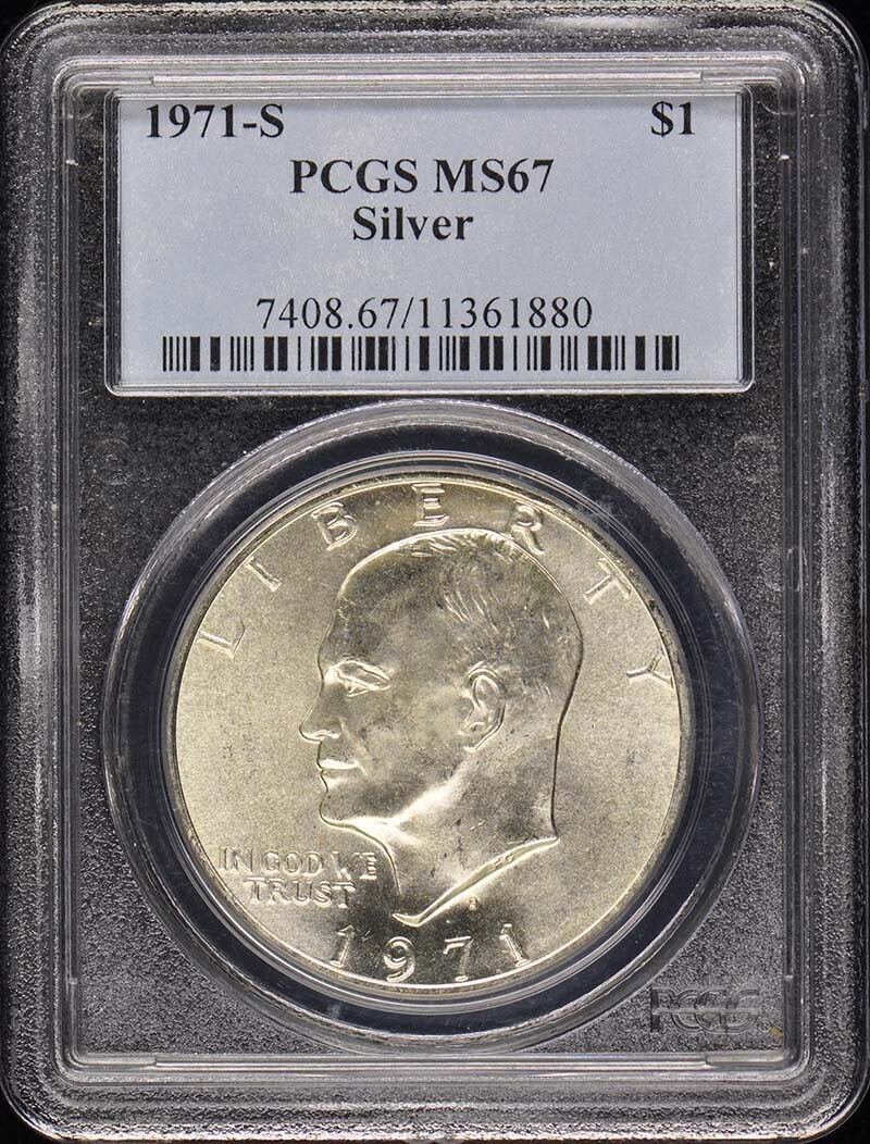 1971-S Silver Ike Dollar PCGS MS67 San Francisco Certified Coin: 1971-S Silver Ike Dollar PCGS MS67 San Francisco Certified Coin This 1971-S Silver Ike Dollar is a stunning example of U.S. coinage, certified by PCGS with an impressive grade of MS67, indicating its 