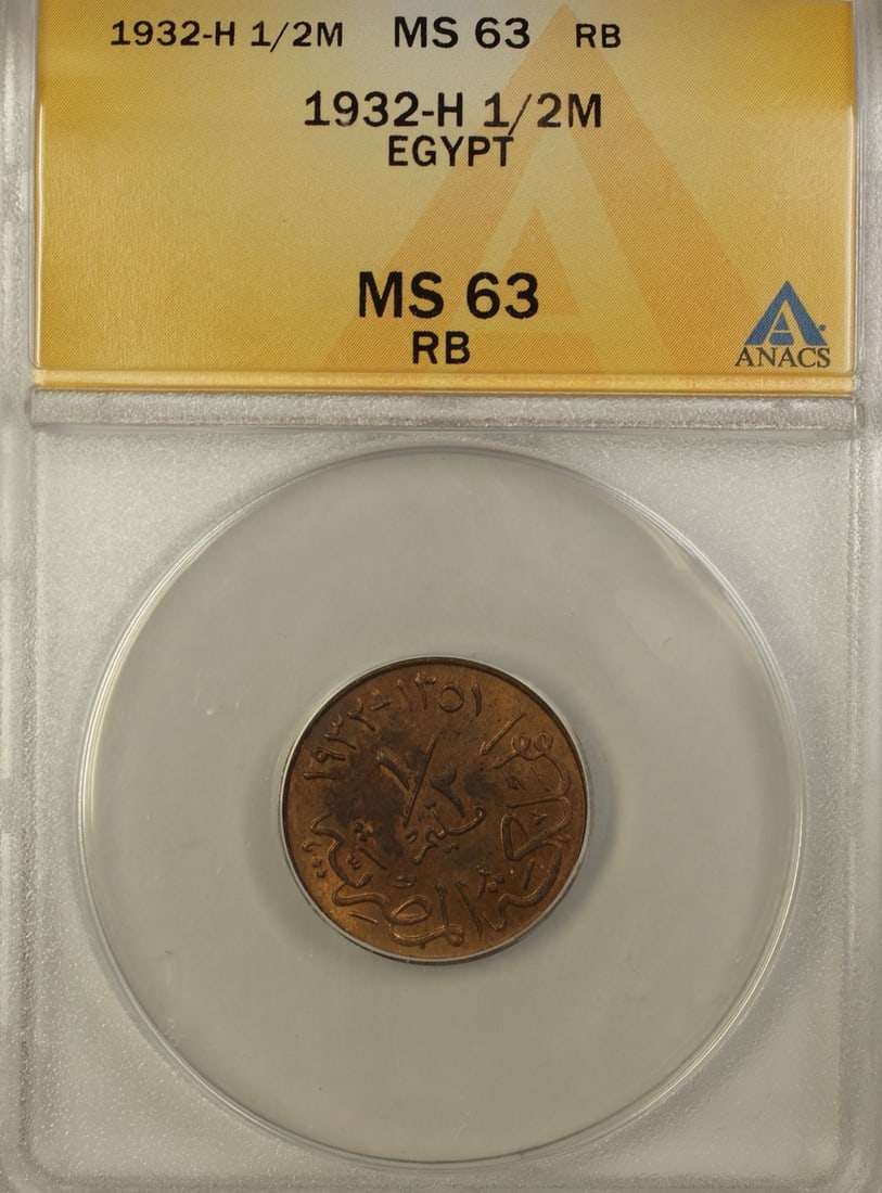 Uncirculated 1932-H Bronze 1/2 Milleme Egypt Coin ANACS MS-63 RB: Uncirculated 1932-H Bronze 1/2 Milleme Egypt Coin ANACS MS-63 RB This is a 1932-H Egypt 1/2 Milleme coin, certified by ANACS with a grade of MS-63 Red Brown. The coin is uncirculated and composed of b