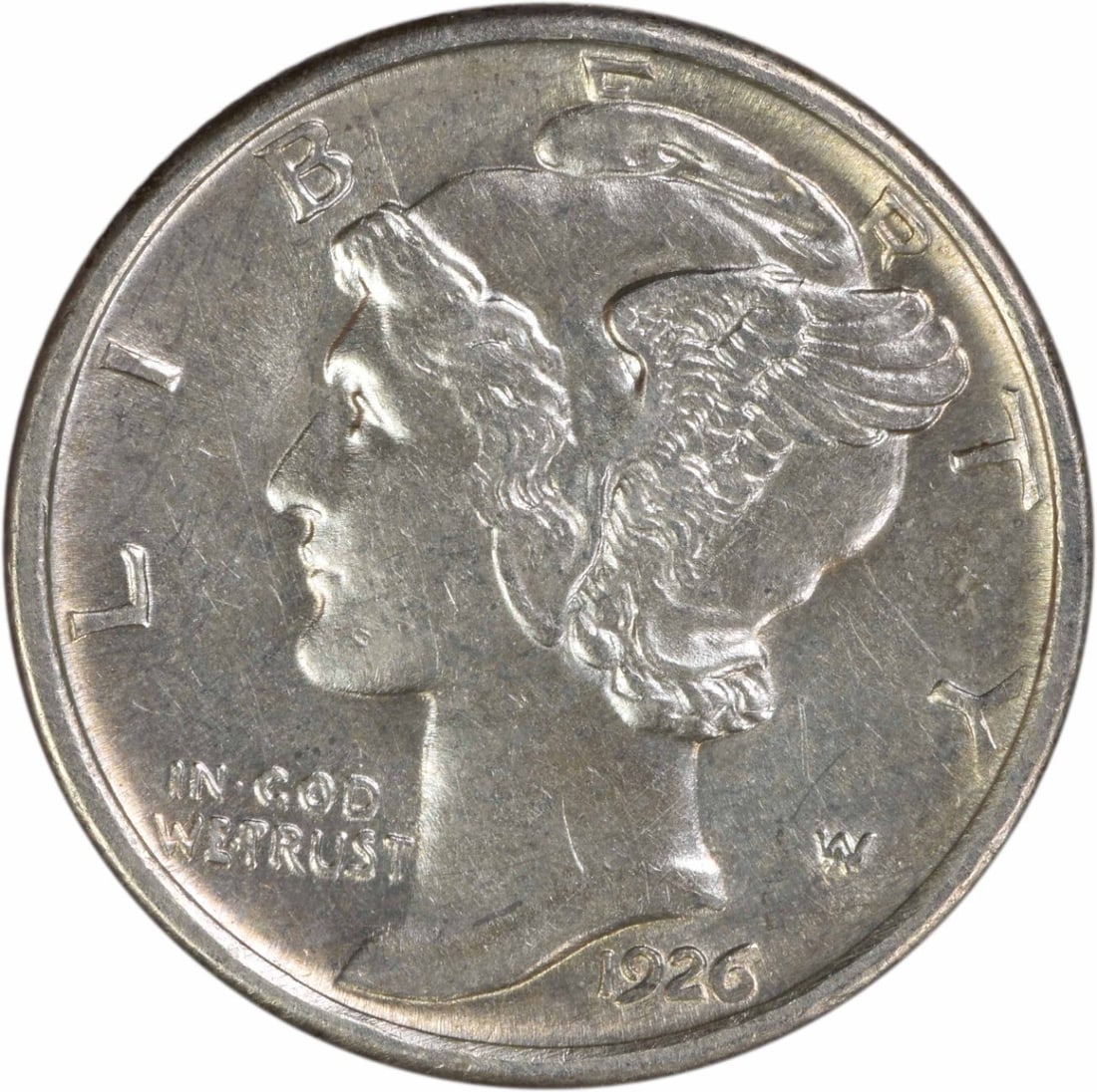 1926-D Mercury 10C Silver Dime BU Uncertified: 1926-D Mercury 10C Silver Dime BU Uncertified This 1926-D Mercury Silver Dime is an uncirculated coin featuring the classic Winged Liberty Head design. Struck at the Denver Mint, it is composed of sil