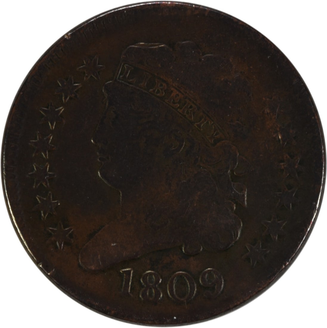 1809 Classic Head Half Cent Coin Copper Uncertified #919: 1809 Classic Head Half Cent Coin Copper Uncertified #919 This 1809 Half Cent features a Classic Head design by John Reich, minted in Philadelphia. The coin is in Fair (F) condition and is composed of 