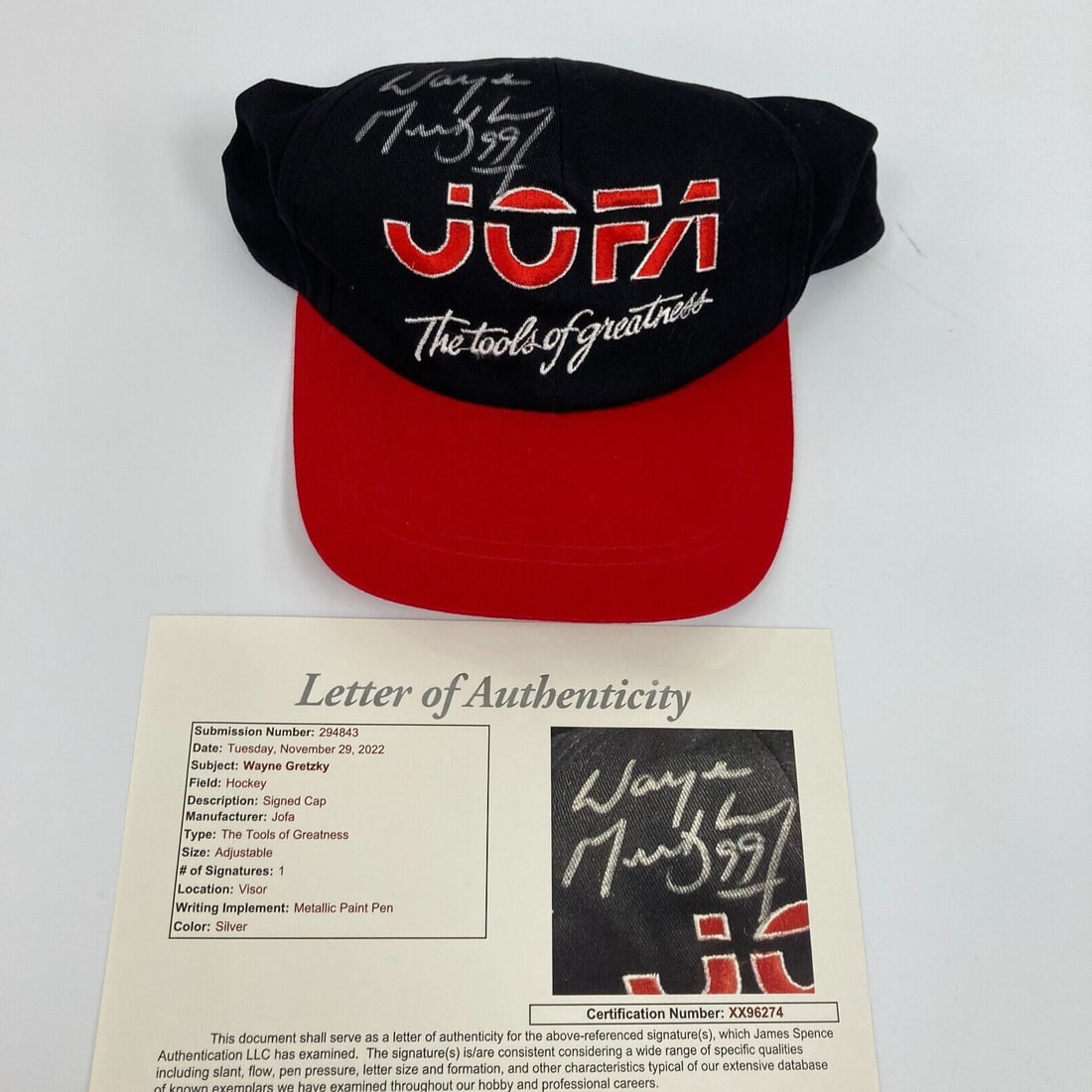Wayne Gretzky Signed Jofa Tools Of Greatness Hat with JSA COA: Wayne Gretzky Signed Jofa Tools Of Greatness Hat with JSA COA This authentic Jofa Tools of Greatness hat is signed by hockey legend Wayne Gretzky, a must-have for any serious collector. The cap comes 