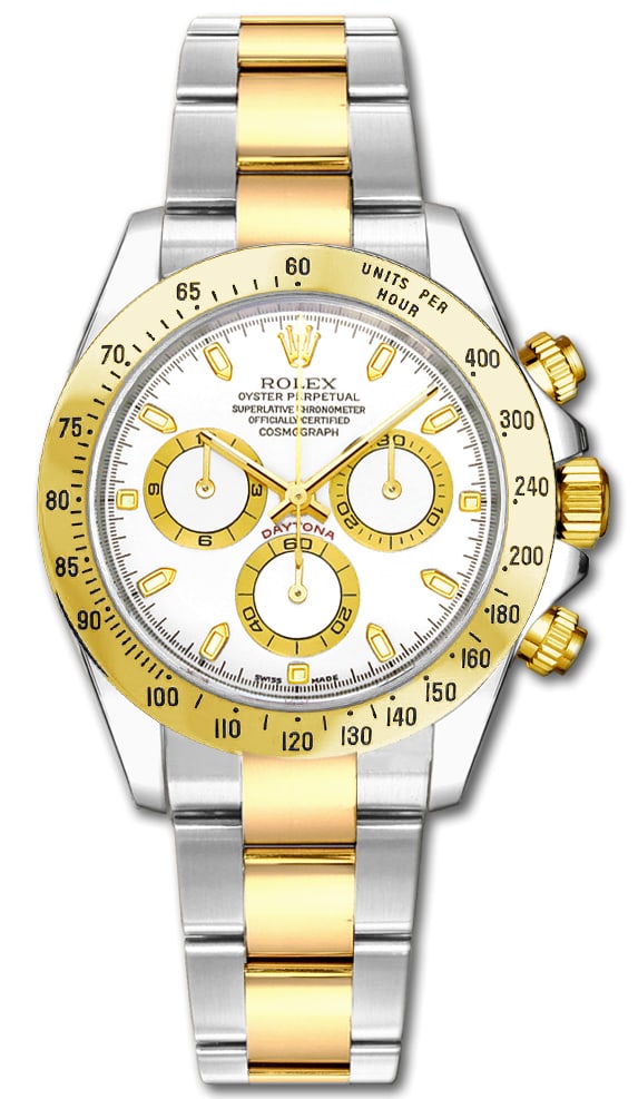 Daytona Reference 116523 Chronograph Watch White Dial Oyster Bracelet 2004 Papers: Daytona Reference 116523 Chronograph Watch White Dial Oyster Bracelet 2004 Papers This is a men's Rolex Daytona watch featuring a white dial, fixed bezel, and Oyster bracelet. The timepiece is part of