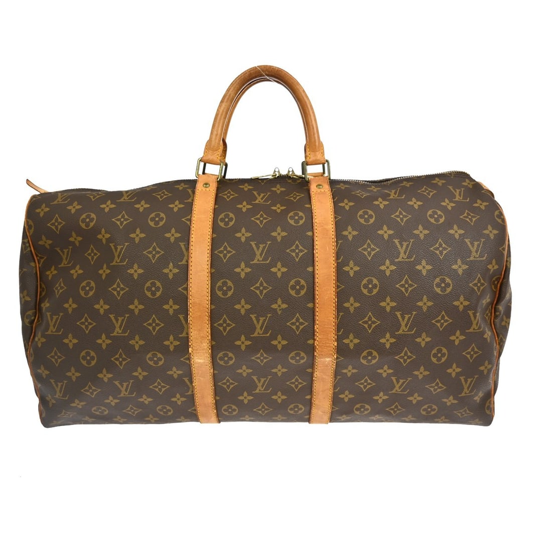 Louis Vuitton Keepall Brown Monogram Canvas Travel Bag 55cm: Louis Vuitton Keepall Brown Monogram Canvas Travel Bag 55cm This Louis Vuitton Keepall Bag features the iconic monogram canvas in brown, designed for unisex use. The bag shows signs of wear, including