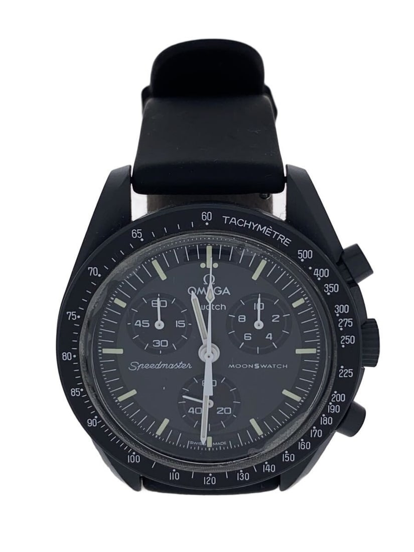 OMEGAxSWATCH Black Rubber Men's Quartz Wristwatch Mission to Mercury: OMEGAxSWATCH Black Rubber Men's Quartz Wristwatch Mission to Mercury This OMEGAxSWATCH Mission to Mercury wristwatch features a Swiss-made quartz movement and is designed for men. The watch has a