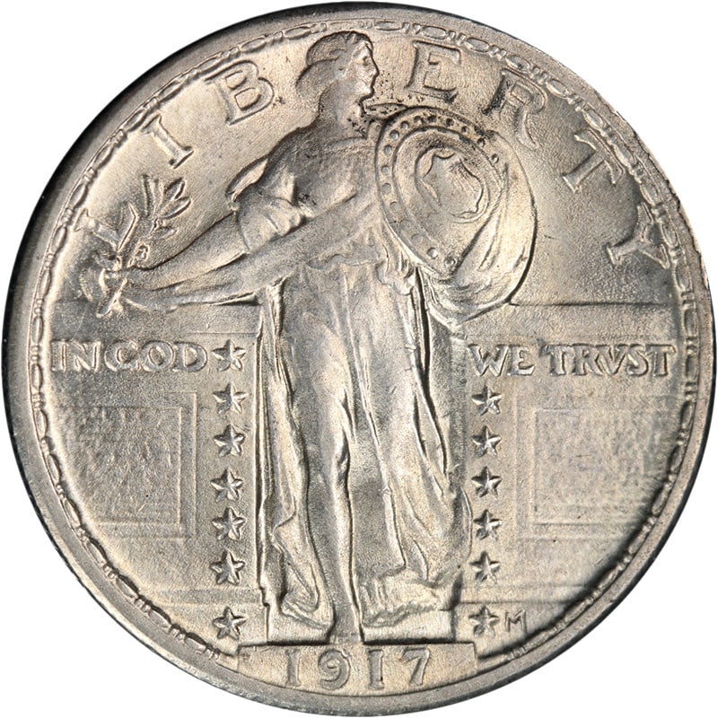 Choice BU 1917 Philadelphia Standing Liberty Quarter Type 2 Full Head: Choice BU 1917 Philadelphia Standing Liberty Quarter Type 2 Full Head This original 1917-P Type 2 Standing Liberty Quarter is uncirculated and graded Choice BU. It features a full head detail,