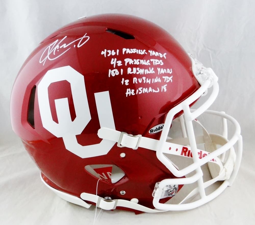 Oklahoma Sooners Full Size Authentic Helmet Signed by Kyler Murray Five Stats Beckett: Oklahoma Sooners Full Size Authentic Helmet Signed by Kyler Murray Five Stats Beckett This is a full-size Speed Authentic Oklahoma Sooners helmet signed by Kyler Murray. The helmet features five inscr