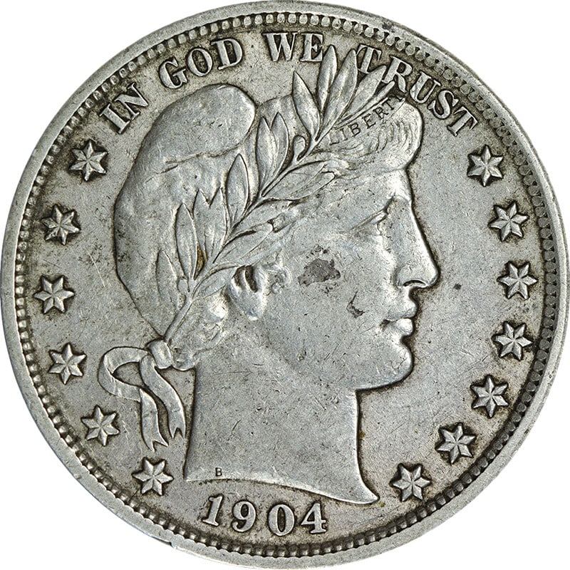 1904-P Barber Half Dollar AU Strong Strike Silver Coin: 1904-P Barber Half Dollar AU Strong Strike Silver Coin This 1904-P Barber Half Dollar displays impressive eye appeal with a strong strike, showcasing beautiful color and surfaces. Graded as AU (About 