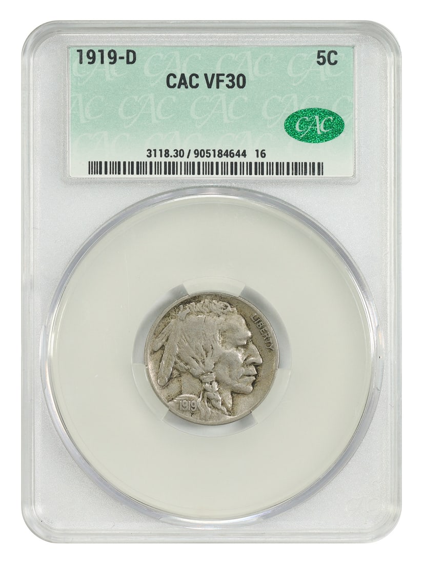 1919 Denver Buffalo Nickel CACG Graded VF30 Five Cent Coin: 1919 Denver Buffalo Nickel CACG Graded VF30 Five Cent Coin This is a 1919-D Buffalo Nickel graded VF30 by CACG. It is a circulated coin struck at the Denver Mint, featuring a denomination of 5 cents. 