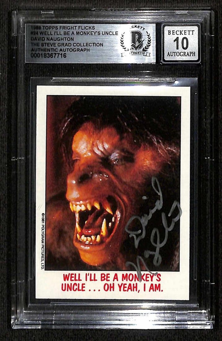David Naughton Signed 1988 Topps Fright Flicks Card Beckett Auto 10: David Naughton Signed 1988 Topps Fright Flicks Card Beckett Auto 10 This rare 1988 Topps "Fright Flicks" trading card features the signature of David Naughton, known for his iconic role in the cult cl