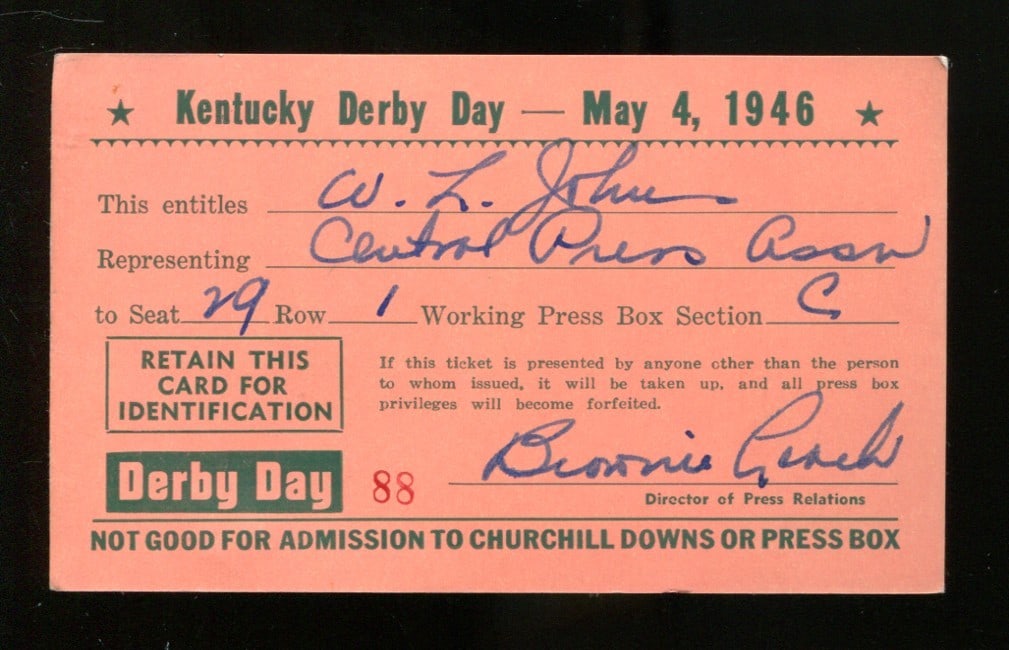 Original 1946 Kentucky Derby Press Pass Ticket Stub Assault Triple Crown Winner (1 of 2)