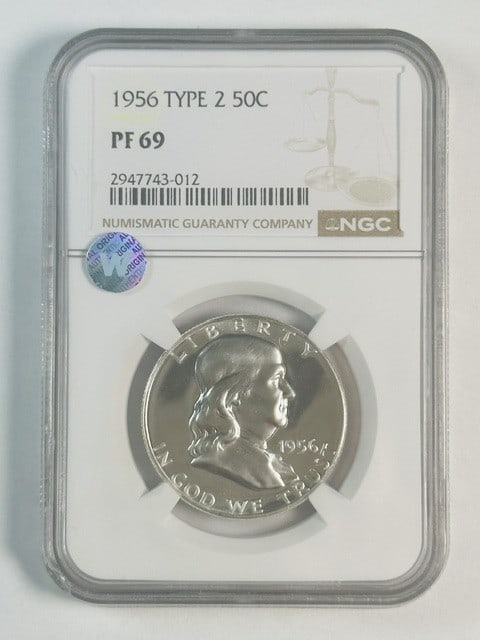 1956 Proof Franklin Half Dollar NGC PF 69 Silver: 1956 Proof Franklin Half Dollar NGC PF 69 Silver This 1956 Franklin Half Dollar is graded PF-69 by NGC and features a proof strike. It is composed of silver and remains uncirculated. The coin is descr