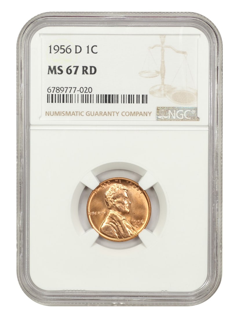 NGC MS67RD 1956-D Lincoln Wheat Cent: NGC MS67RD 1956-D Lincoln Wheat Cent This 1956-D Lincoln Cent features the classic Wheat Reverse design and has been graded MS67RD by NGC. It is an uncirculated coin from the Denver Mint, offering a h