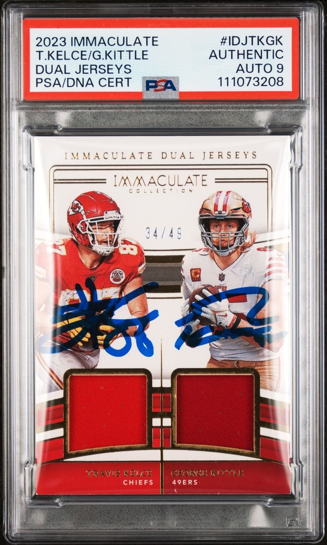 Travis Kelce George Kittle Signed 2023 Panini Immaculate Dual Jerseys Card PSA Mint 9 #34/49: Travis Kelce George Kittle Signed 2023 Panini Immaculate Dual Jerseys Card PSA Mint 9 #34/49 This exclusive 2023 Panini Immaculate Dual Jerseys card features the autographs of NFL stars Travis Kelce a