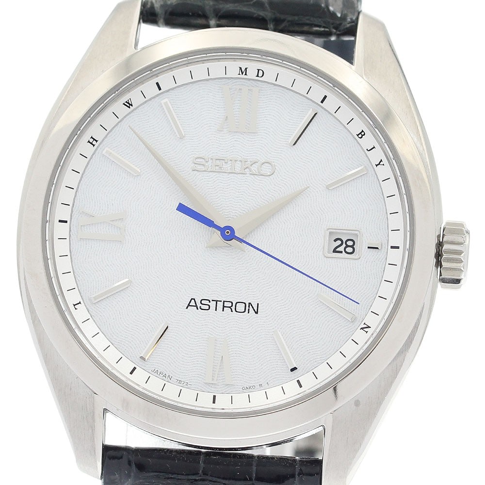 Seiko Astron Origin solar radio-controlled date wristwatch: Seiko Astron Origin solar radio-controlled date wristwatch This Seiko SBXY035/7B72-0AD0 Astron Origin men's wristwatch features a titanium case and a silver dial, paired with a leather bracelet. The w