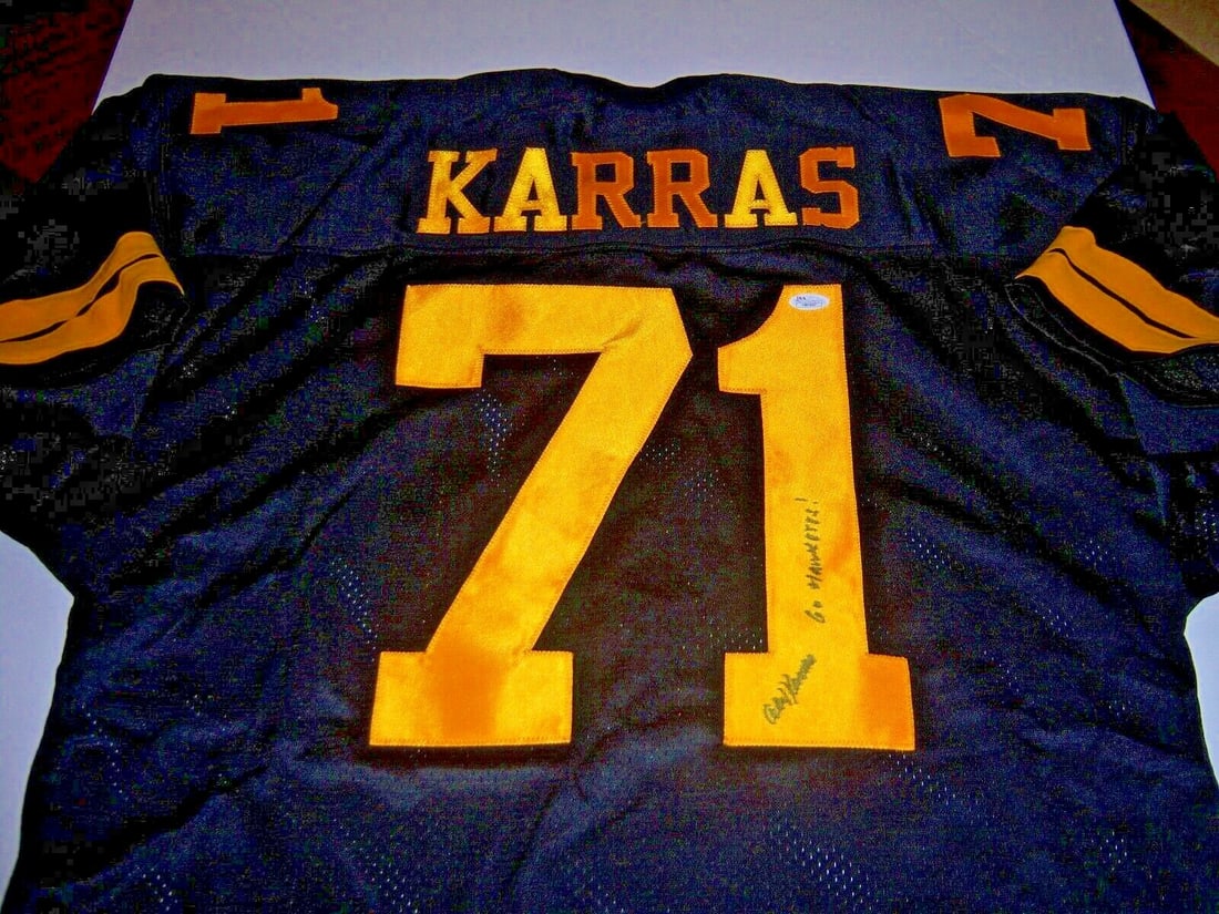 Alex Karras Autographed Jersey With JSA COA Iowa Hawkeyes Detroit Lions: Alex Karras Autographed Jersey With JSA COA Iowa Hawkeyes Detroit Lions This is a pre-owned jersey signed by Alex Karras, featuring his association with the Iowa Hawkeyes and Detroit Lions. The jersey