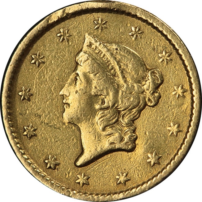 1851 Philadelphia Type 1 Liberty Gold Dollar Ex-Jewelry VF XF Details: 1851 Philadelphia Type 1 Liberty Gold Dollar Ex-Jewelry VF XF Details This 1851-P Type 1 Liberty Gold $1 coin is composed of gold with a fineness of 0.9. It is a circulated piece that was previously u
