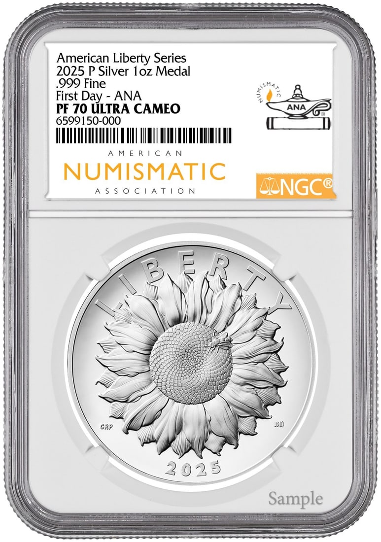 NGC PR70 2025-P Silver High Relief American Liberty Medal First Day ANA: NGC PR70 2025-P Silver High Relief American Liberty Medal First Day ANA This 2025 American Liberty High Relief Silver Medal is struck in proof quality from 1 oz of 0.9999 fine silver. Graded PR70 by N