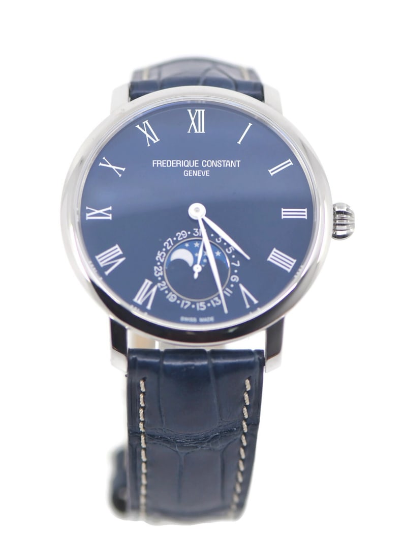 Frederique Constant Slimline Moonphase Stainless Steel Watch FC-705NR4S6 with Box and Papers: Frederique Constant Slimline Moonphase Stainless Steel Watch FC-705NR4S6 with Box and Papers This Frederique Constant Slimline Moonphase watch is a stunning accessory for any watch enthusiast. Crafted