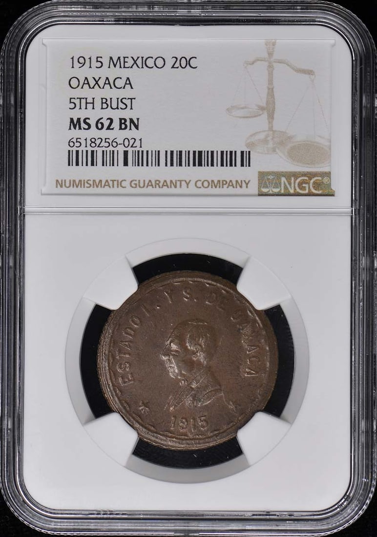 1915 Mexico Oaxaca 20 Centavos NGC MS62 Uncirculated Coin: 1915 Mexico Oaxaca 20 Centavos NGC MS62 Uncirculated Coin This 1915 Mexico Oaxaca 20 Centavos coin is a remarkable piece, graded MS62 by NGC, indicating its uncirculated condition. It features a beaut