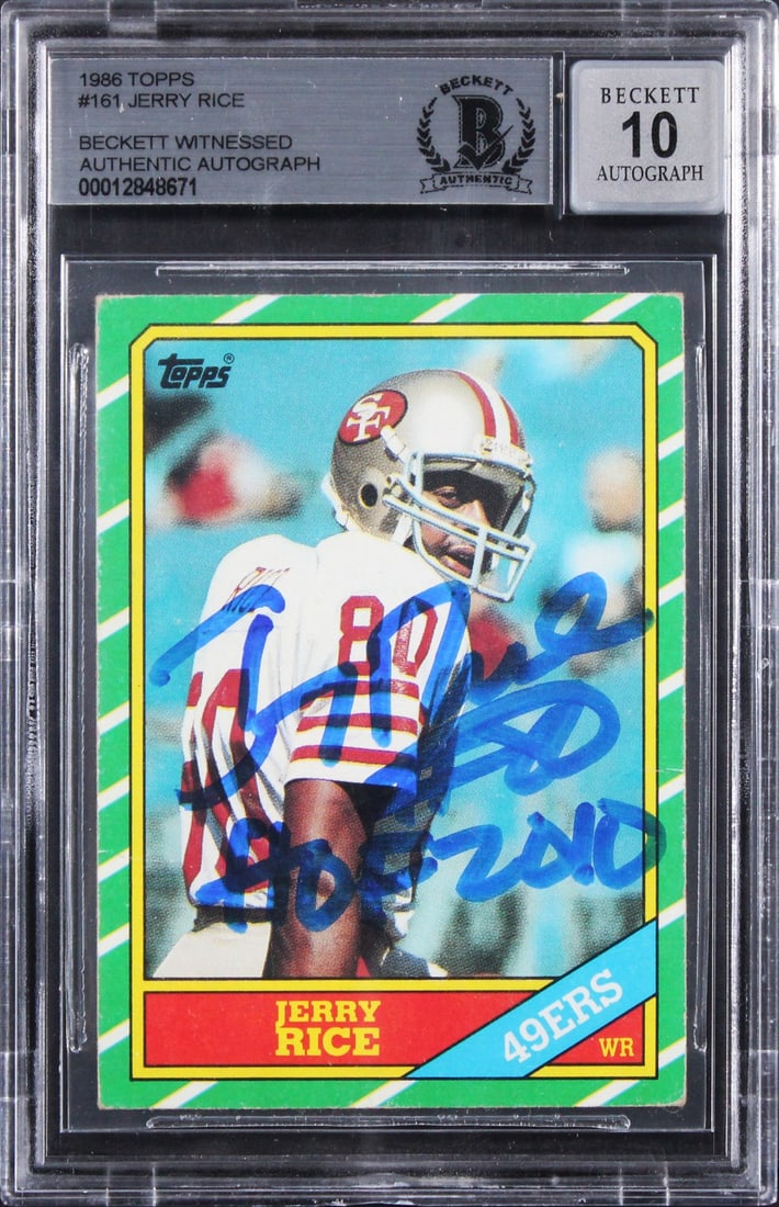 Jerry Rice Autographed 1986 Topps Rookie Card HOF 2010 Inscription BAS Auto 10: Jerry Rice Autographed 1986 Topps Rookie Card HOF 2010 Inscription BAS Auto 10 This is an original 1986 Topps #161 Jerry Rice rookie card that has been personally signed by Jerry Rice, featuring the i