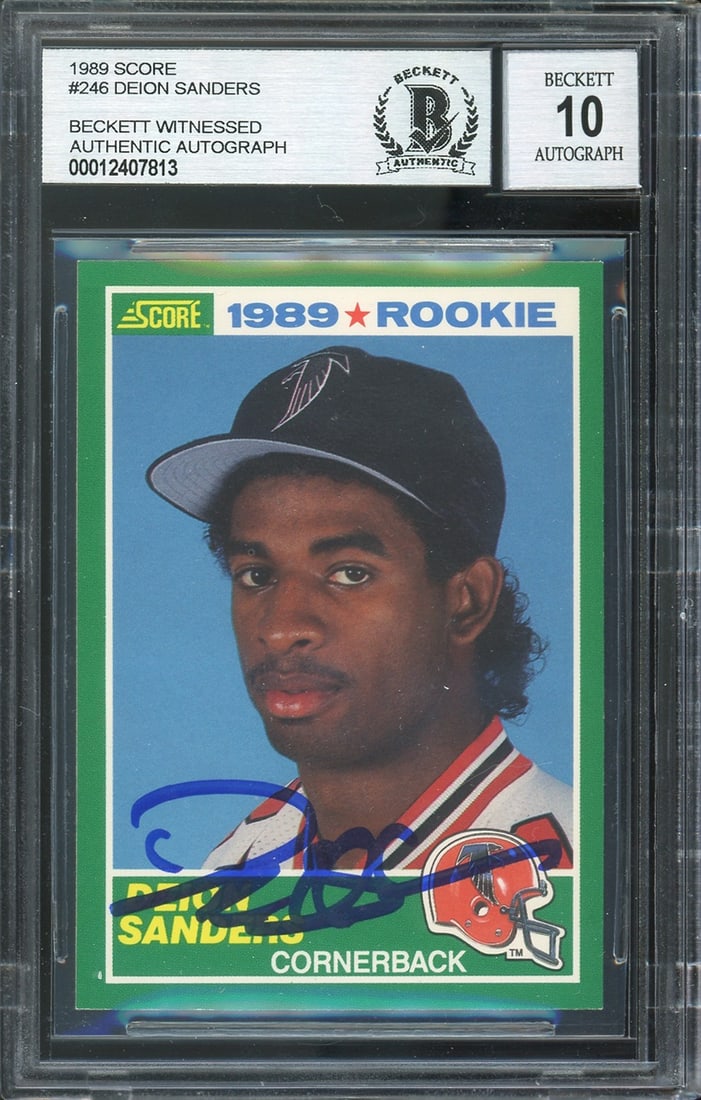 Deion Sanders Signed 1989 Score #246 Rookie Card Gem Mint 10 Beckett: Deion Sanders Signed 1989 Score #246 Rookie Card Gem Mint 10 Beckett This is a premium autographed 1989 Score #246 rookie card of Deion Sanders, graded Gem Mint 10 by Beckett Authentication Services. 