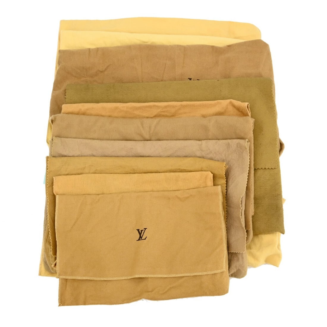 Set of 10 Louis Vuitton Brown Cotton Dust Bags Authentic: Set of 10 Louis Vuitton Brown Cotton Dust Bags Authentic This set includes ten authentic Louis Vuitton dust bags made from 100% cotton in a brown and beige color scheme. Designed for unisex use, these