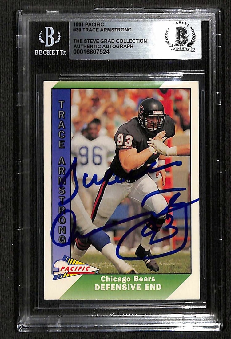 Trace Armstrong Signed 1991 Pacific #39 Card Beckett Certified: Trace Armstrong Signed 1991 Pacific #39 Card Beckett Certified This is an autographed 1991 Pacific #39 sports trading card featuring Trace Armstrong, a Defensive End for the Chicago Bears. The card is