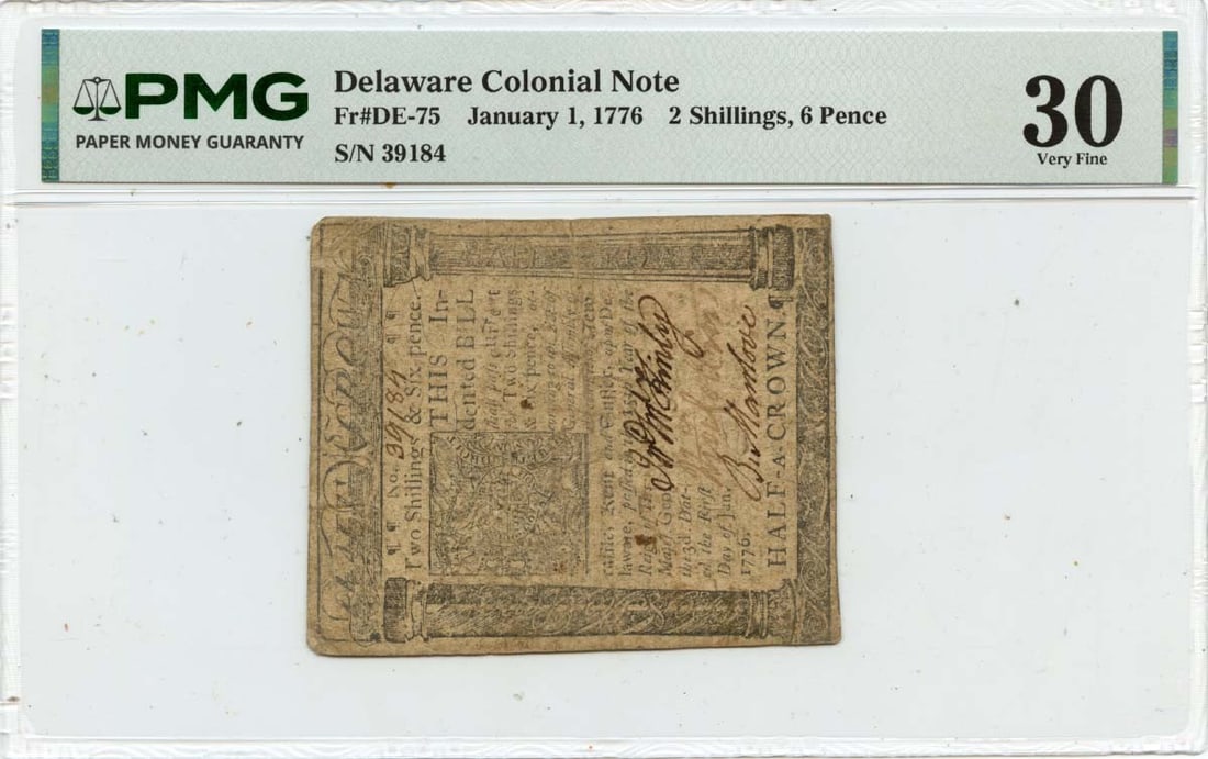 Delaware 2s6d Colonial Currency Note Dated January 1 1776 PMG VF30: Delaware 2s6d Colonial Currency Note Dated January 1 1776 PMG VF30 This 1776 Delaware Colonial Note, denominated as 2 shillings 6 pence (2s6d), is a historic piece of American currency. Certified by P