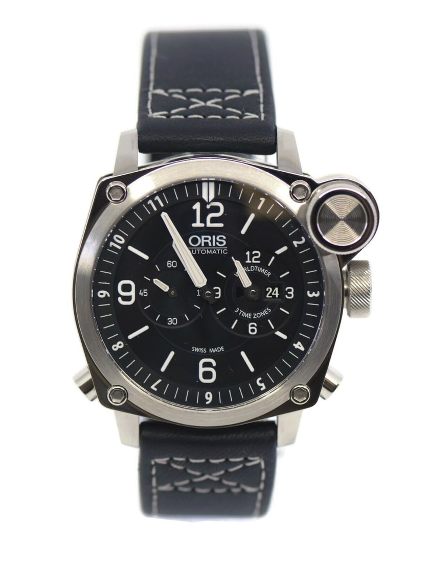 Oris BC4 Flight Timer Chronograph Stainless Steel Watch Ref 7615 with Box and Papers: Oris BC4 Flight Timer Chronograph Stainless Steel Watch Ref 7615 with Box and Papers Introducing the Oris BC4 Flight Timer Chronograph, a sophisticated wristwatch crafted from durable stainless steel.