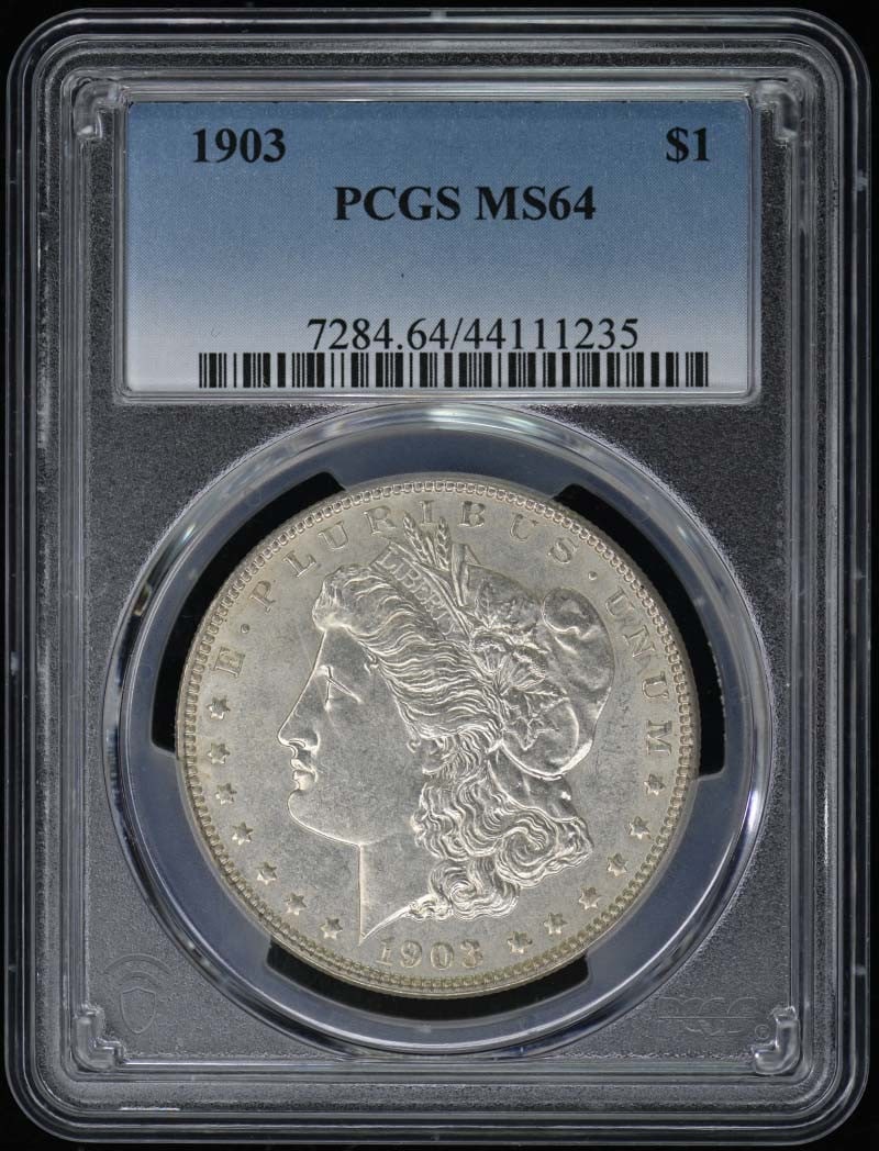 1903 Morgan Dollar PCGS MS64 Uncirculated Certification 44111235: 1903 Morgan Dollar PCGS MS64 Uncirculated Certification 44111235 This 1903 $1 Morgan Dollar, certified by PCGS, boasts a remarkable grade of MS64, indicating its uncirculated condition. Struck at the 